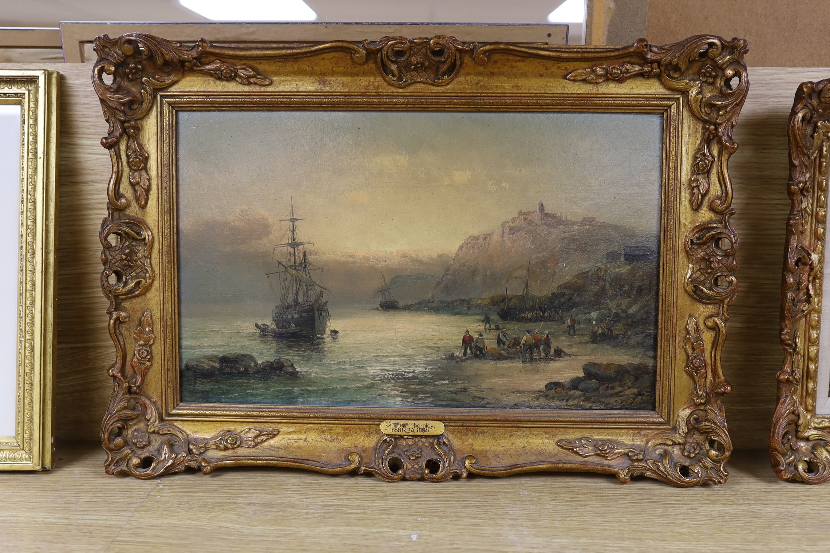 Charles Anslow Thornley (fl.1859-1885), oil on canvas, Fisherfolk along the coast, signed, 24 x 39cm